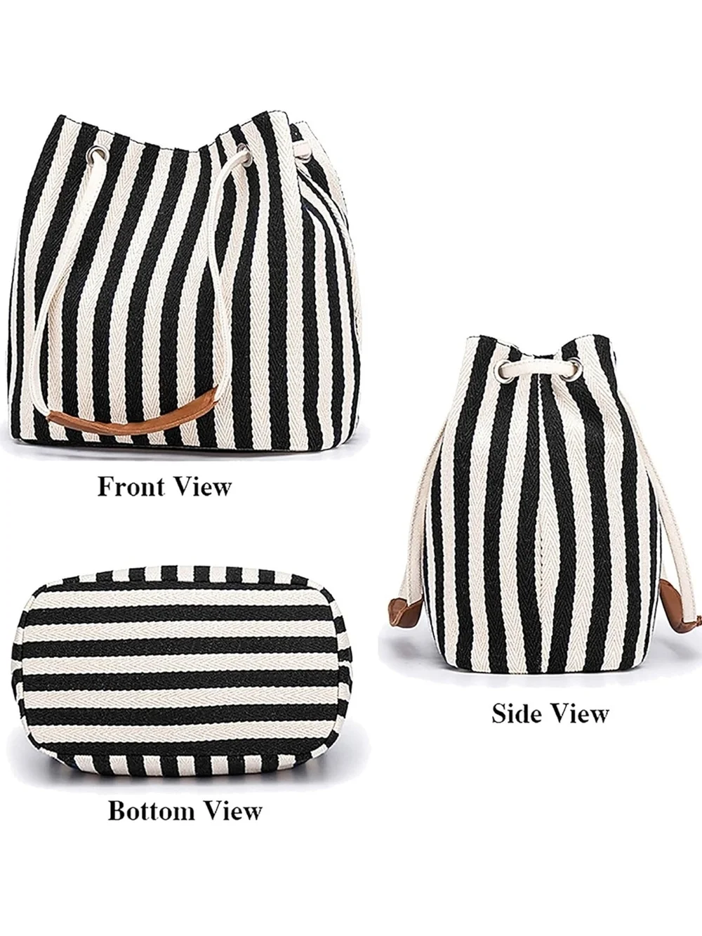 Striped Black & White Drawstring Bucket Bag